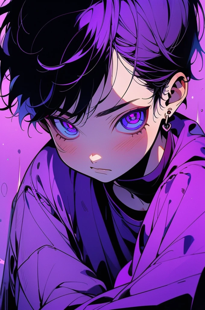 Develop a drawing in the style of Turma da Mônica, characterized by the design . The drawing must portray a young male with an introspective expression. He is wearing a purple shirt and has purple pupils. Her hair is brown. Use shading to add depth and texture to the scene, emphasizing the emotional gravity of the moment.