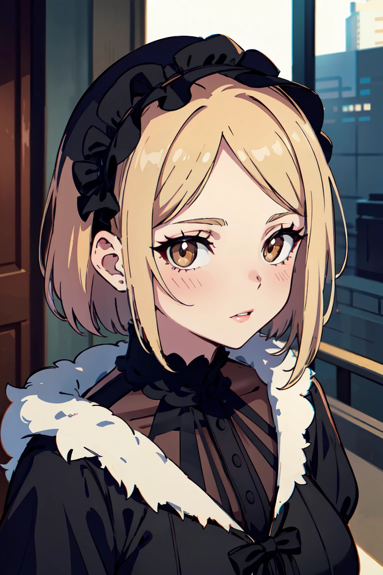 masterpiece, best quality, highly detailed background, perfect lighting, best quality, (extremely detailed face), volumetric lighting, intricate details, shadow, tonemapping, sharp focus, hyper detailed, trending on Artstation, (solo) ((Looking at the viewer)) .Girl with short blond hair.  Brown eyes. curvy. Blush, Clear skin.  Big bust.((Gothic dressed)). Gothic shoes. ((Gothic makeup)) ((neighborhood neighbor)) Dynamic pose