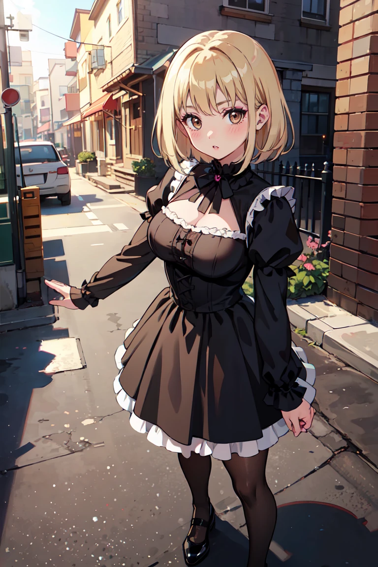 masterpiece, best quality, highly detailed background, perfect lighting, best quality, (extremely detailed face), volumetric lighting, intricate details, shadow, tonemapping, sharp focus, hyper detailed, trending on Artstation, (solo) ((Looking at the viewer)) .Girl with short blond hair.  Brown eyes. curvy. Blush, Clear skin.  Big bust.((Gothic dressed)). Gothic shoes. ((Gothic makeup)) ((neighborhood neighbor)) Dynamic pose