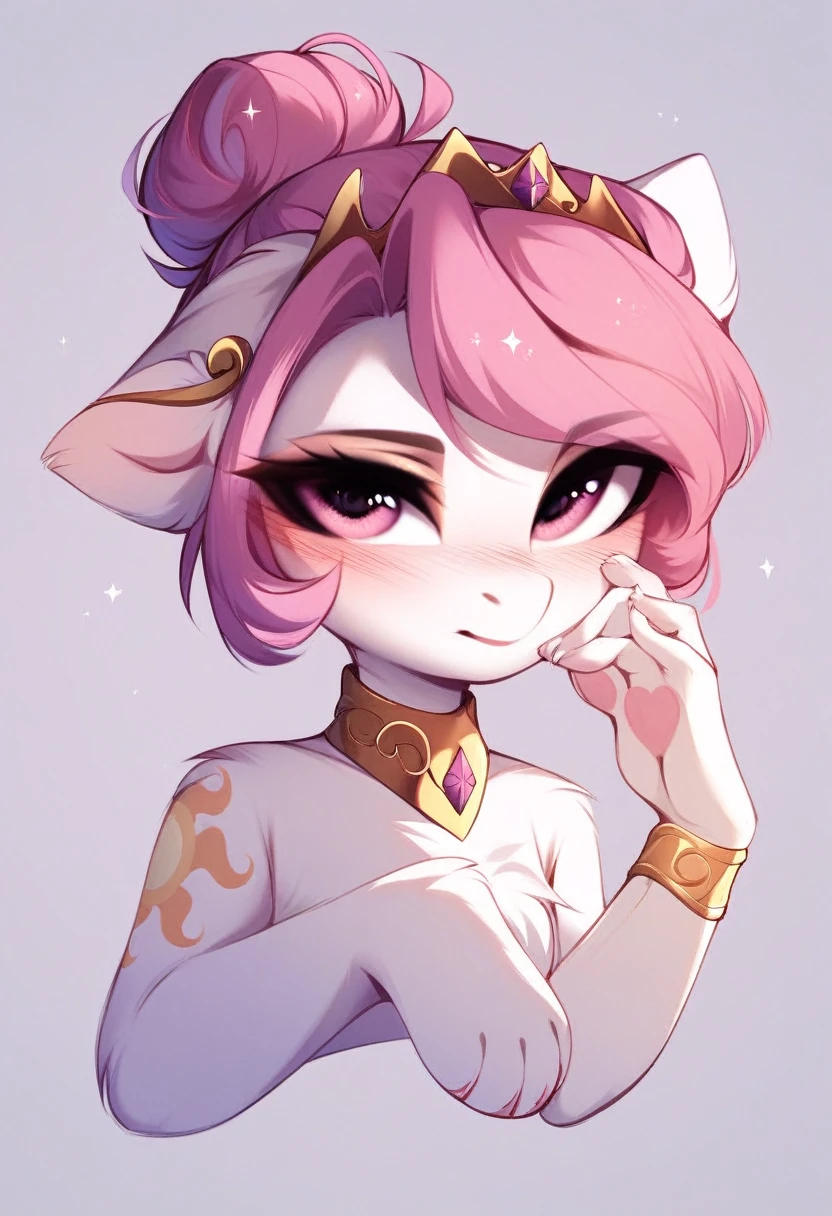 check_9, check_8_up, check_7_up, source_fluffy, rating_safe, from Magnaluna, Celestia poses seductively in a white bedroom, dark pink mane with gold stripes in it, hair bun with bangs, pink eyes, white body, anthro, blushing, wearing goldern lingerie, full body