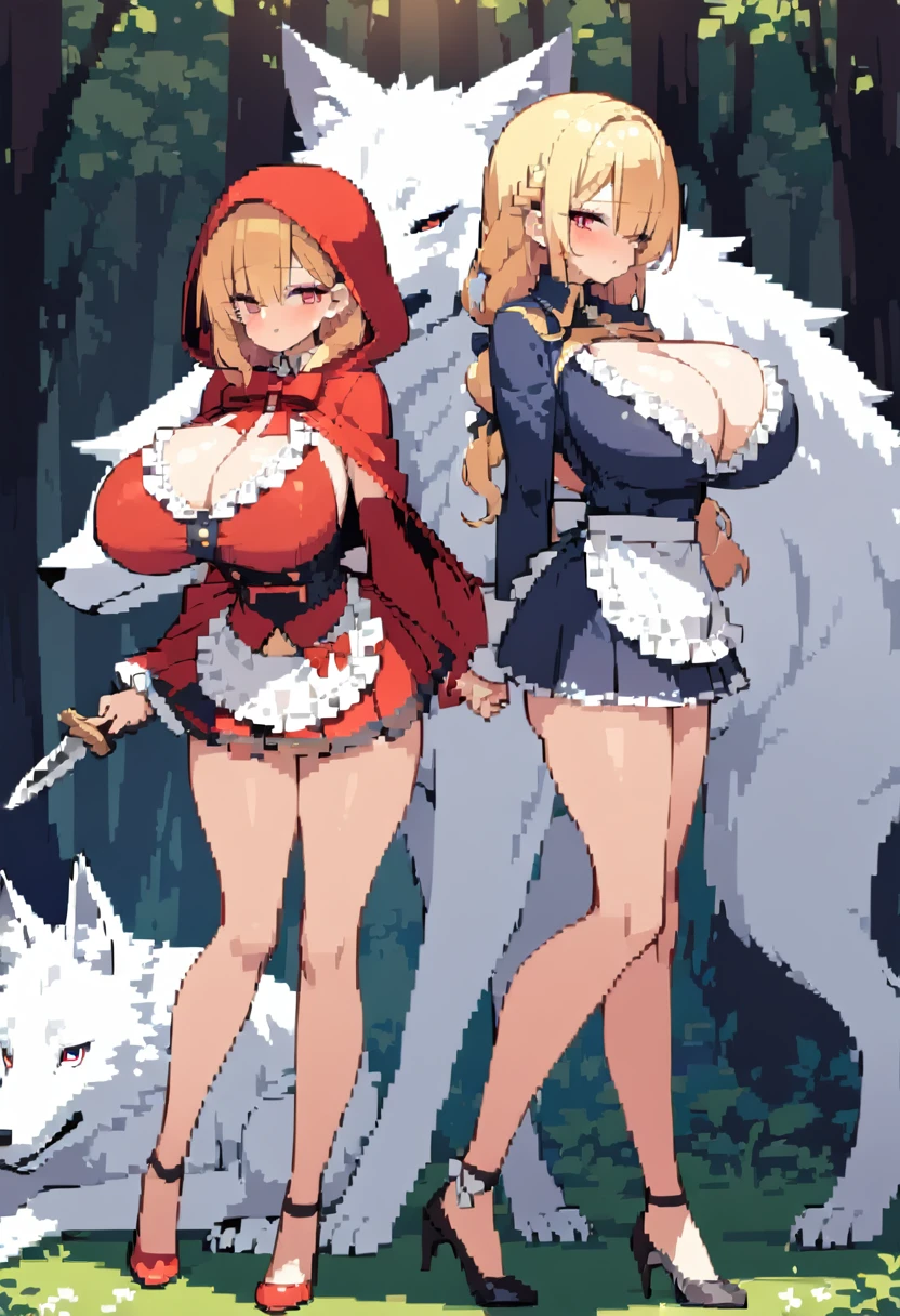 masterpiece, Highest quality, 8K, Little Red Riding Hood, Full body portrait, , Blonde, Braid, One eye is hidden, ((Big Breasts)), My breasts are swinging side to side, Cleavage, blouse, Frills, apron, mini skirt, flare skirt, ((Darker, knife, Two-Way, Armed, Cross your arms in front of your chest)), ((Standing with legs spread from side to side, Light forward lean, Facing forward)), Follows the wolf, giant white wolf, in the forest, dim