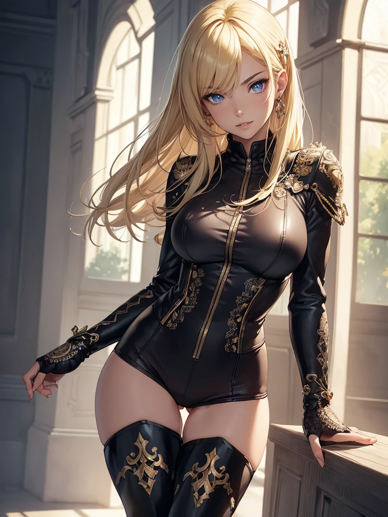 ((1girl, solo)), dark elf, dark-skinned female, beautiful body, (perfect anatomy, perfect body, perfect hands, perfect legs), (five fingers:1.5), natural proportions, sexy body, large breasts, cowboy shot, hand on hip BREAK
((extremely detailed face)), (beautiful detailed eyes:1.6), (realistic pupils, realistic iris:1), expressive eyes, looking at viewer, (clear eyes:1.3), (hyperrealistic:1.2), (detailed skin texture:1.2), smooth skin, pointy ears, yellow eyes, (blonde hair:1.5), short hair, (detailed lips:1.2), (attractive lips:1.1), (glossy lips:1.1), (smile), parted lips, perfect face, perfect eyes BREAK
(black shirt), long sleeves, white sleeves, (skin tight:1.5), gold trimmed, fingerless gloves, black short shorts, fur trimmed shorts, thighs, ass visible through thighs, black footwear, (thigh boots:1.5) BREAK
(masterpiece:1.5), anime-style, top quality, best quality, (beautiful and aesthetic:1.2), (ultra detail:1.5), Ultra-detailed depiction, Ultra-precise depiction, extremely detailed 8k illustration, high resolution, (highly detailed shading:1.2), (realistic lighting:1.4), perfect lighting, vibrant colors, dynamic tones, striking hues, 8k, absurd resolution, perfect shadows, hdr, UHD, ambient lighting, realistic, ultra-realistic, photo realistic, highly detailed, rich detail, luminous colors, fine texture, intricate design, professional illustration, (soft light:1.2), (illustration:0.7)