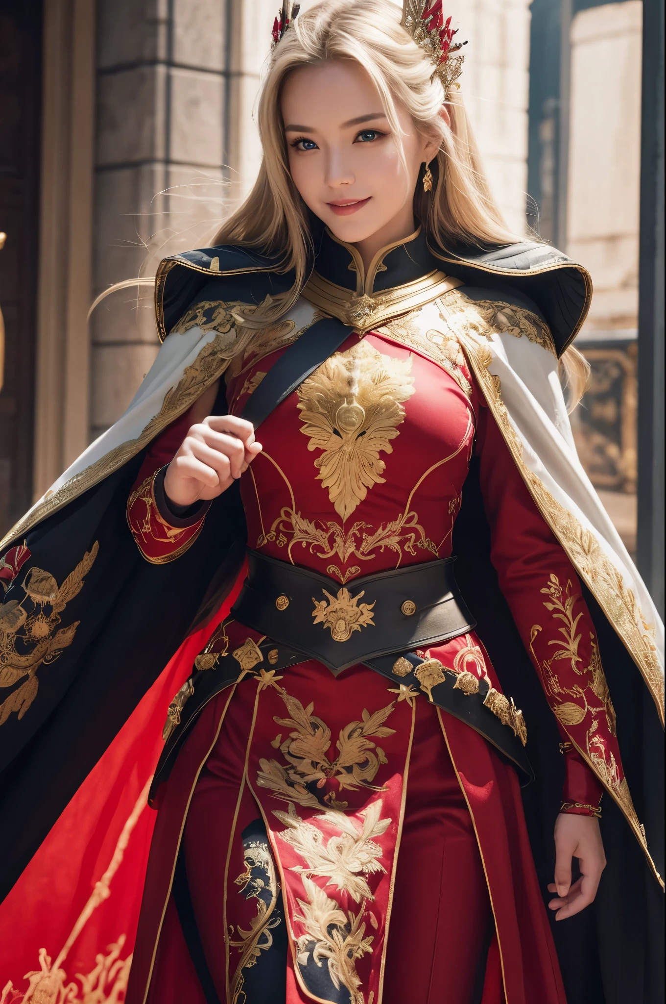 8K,Blonde princess in gorgeous red, white, Black and blue breastplate, Super Beauty(Like the real thing)Realistic Skin,美しいPrincess Night,blue eyes, Princess Night, ((美しい幻想的なPrincess Night)), Elegant , gorgeous princess paladin, 美しいPrincess Night,Ultra-high resolution,masterpiece,Surreal,Fantasy art,curator art,Cinestill 800,Captivating Gaze,Sexy,Close-up,Sexyな胸鎧,細くMuscularな身体,Battle Scenes,Action Scenes,Action pose,Equipped with a rapier on the waist,Royal coat of arms engraved on the breastplate,red and white luxurious cloak,Fight the enemy,Slender body,Muscular,gorgeous red and black pants(Gold embroidery),Small breasts,Childish appearance,Rugged appearance,身長が低いPrincess Night,Makeup,Big smile,