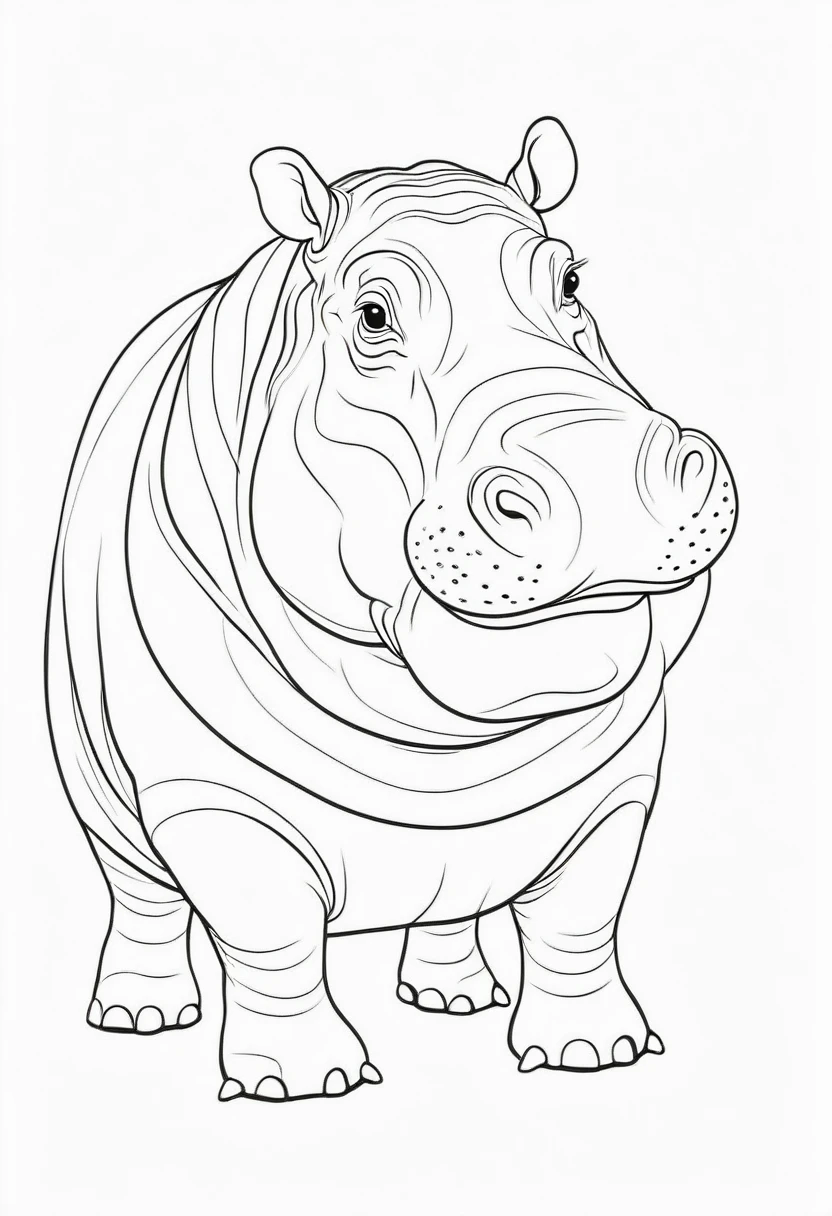 coloring page for kids, hippo , thick lines, drawing, white background