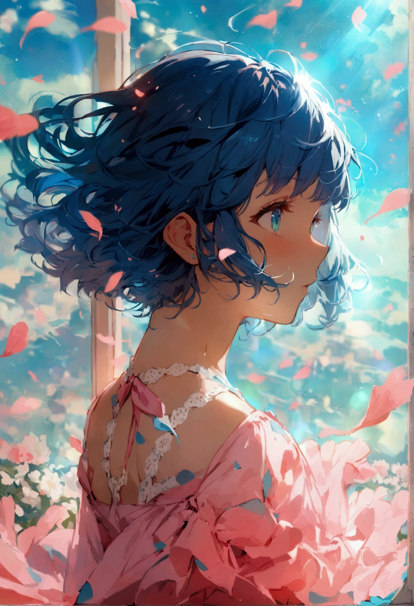 shortening, Depth of written boundary, masterpiece, Best Quality, 22 year old girl, Navy Blue Hair, Teal Eye, Medium Hair, floating,Pink rays, alone, Watching the audience,Pink Dress, flight, Dim sunshine,