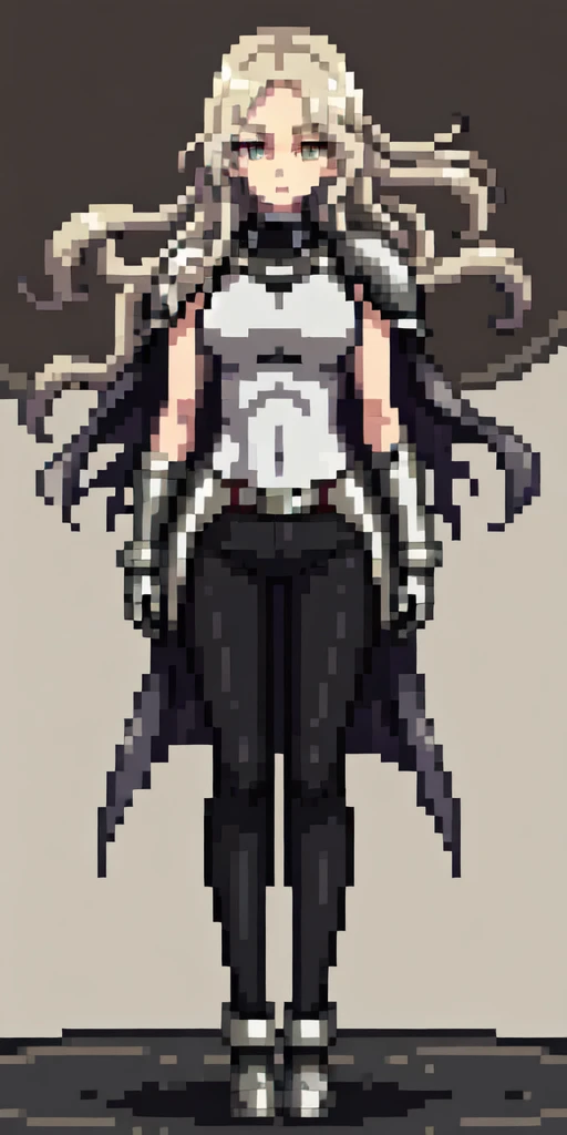  1girl, Wear armor, Sharp focus, offcial art, tall, athletic, silver hair, striking golden eyes, wears the standard Claymore uniform, a white sleeveless top, black pants, dark cloak, ((dajianTeresa)), full body