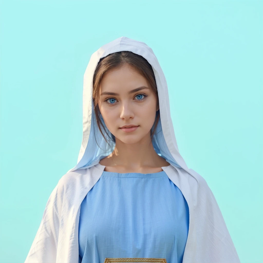 Beautiful woman with light blue eyes wearing blue tunic and white cloak