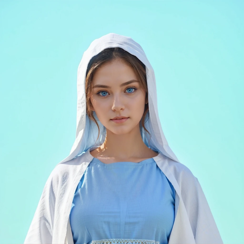 Beautiful woman with light blue eyes wearing blue tunic and white cloak