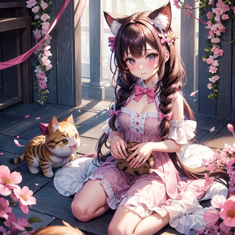 1 Girl, naked, Animal ears, Purple Eyes, Brown hair, wing, Solitary, Long hair, blush, Cat耳朵, Flowers, Looking at the audience, braid, bow, dress, pink Flowers, bow, Hair accessories, Bangs, Cat, Flowering, Animal ear hair, Keep, Virtual YouTuber, Blue bow, Keep animal, Cat女, Plush Toys