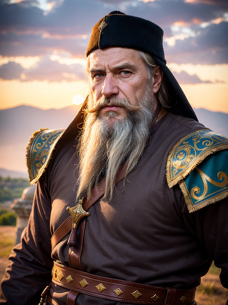Magnificent portrait, photorealism, Ancient Russian hero, Ilya Muromets, gray beard, long beard, brown eyes, wrinkles on the face, strong face, (national costume of the ancient Russian warrior)), looking at the viewer, (against the background of an ancient fortress), cloudy sky  , sunset, depth of field, bokeh
