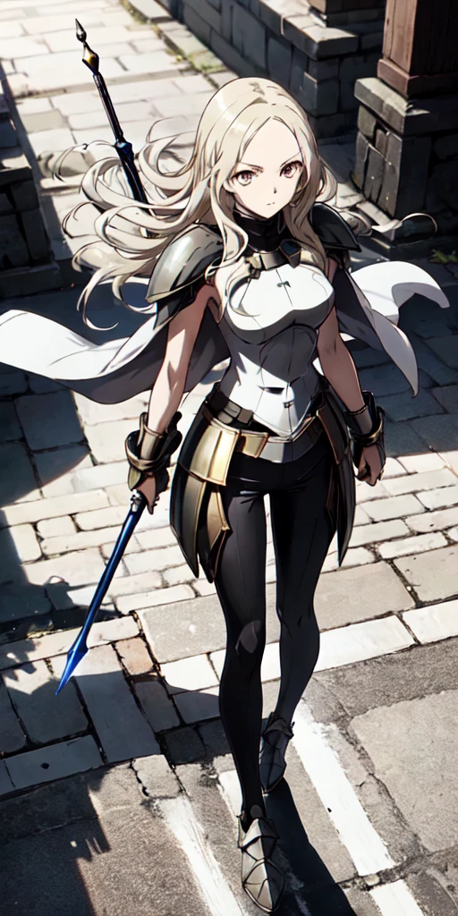  1girl, Wear armor, Sharp focus, offcial art, tall, athletic, silver hair, striking golden eyes, wears the standard Claymore uniform, a white sleeveless top, black pants, dark cloak, ((dajianTeresa)), full body