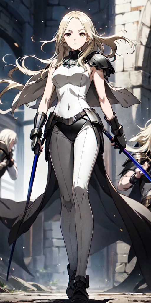  1girl, Wear armor, Sharp focus, offcial art, tall, athletic, silver hair, striking golden eyes, wears the standard Claymore uniform, a white sleeveless top, black pants, dark cloak, ((dajianTeresa)), full body