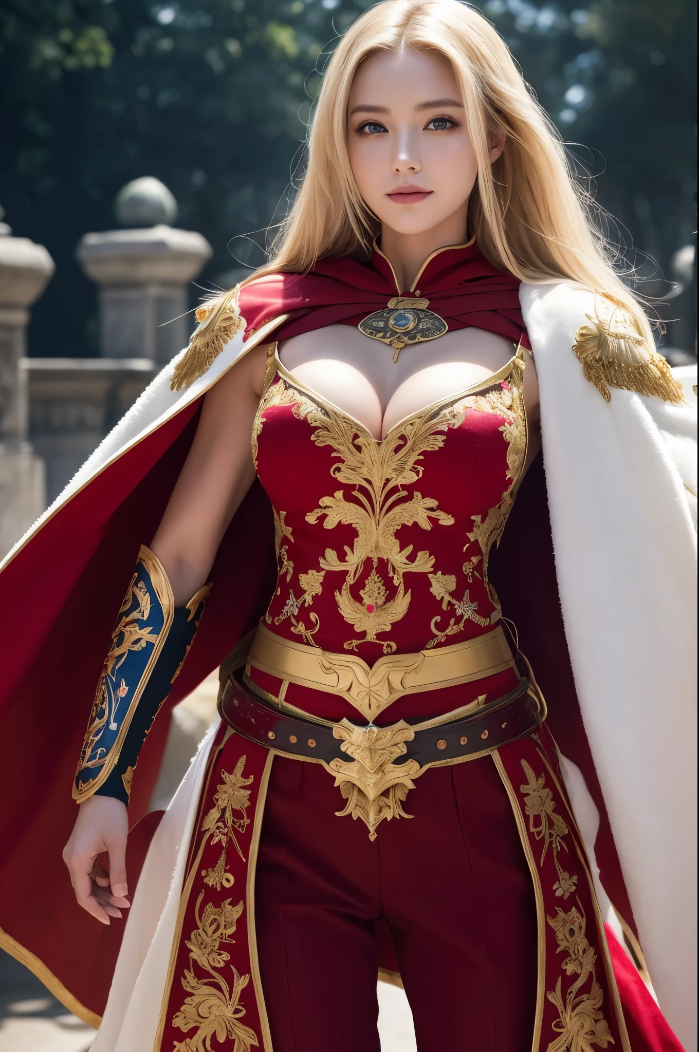 8K,Blonde princess in gorgeous red, white, Black and blue breastplate, Super Beauty(Like the real thing)Realistic Skin,美しいPrincess Night,blue eyes, Princess Night, ((美しい幻想的なPrincess Night)), Elegant , gorgeous princess paladin, 美しいPrincess Night,Ultra-high resolution,masterpiece,Surreal,Fantasy art,curator art,Cinestill 800,Captivating Gaze,Sexy,Close-up,Sexyな胸鎧,細くMuscularな身体,Battle Scenes,Action Scenes,Action pose,Equipped with a rapier on the waist,Royal coat of arms engraved on the breastplate,red and white luxurious cloak,Fight the enemy,Slender body,Muscular,gorgeous red and black pants(Gold embroidery),Small breasts,Childish appearance,Rugged appearance,身長が低いPrincess Night,Makeup,Big smile,