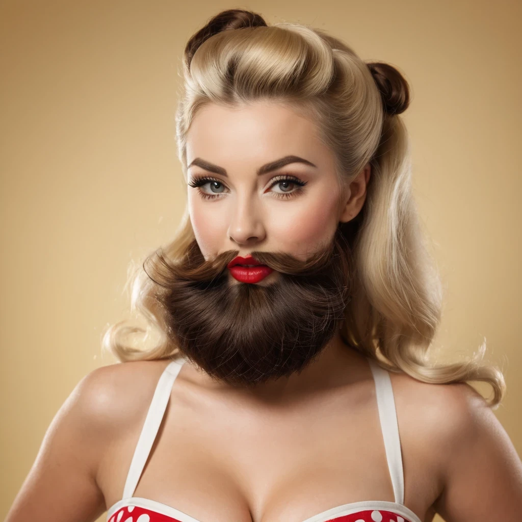 pin up blonde woman, with a huge brown beard