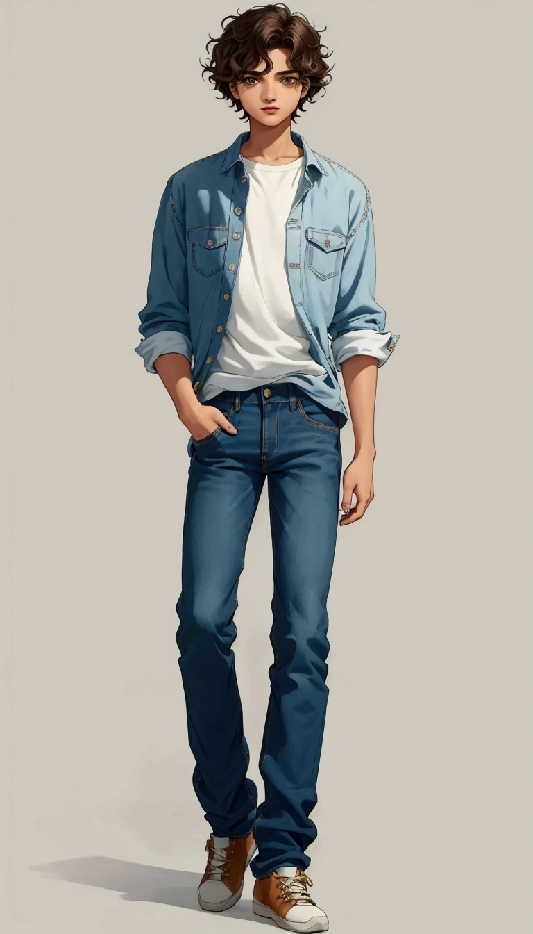  solo, full body, Brazilian 1boy , wavy hair, wearing jeans and shirt