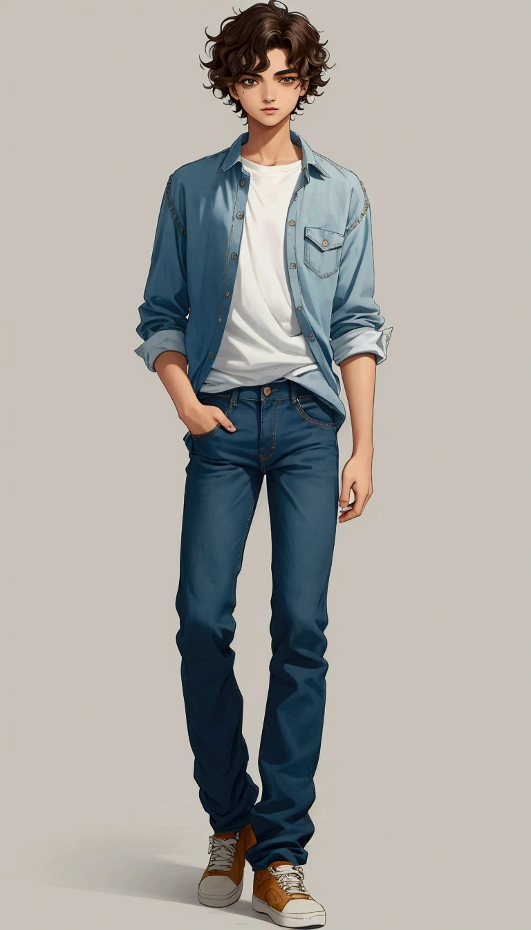 solo, full body, Brazilian 1boy 16 years old, wavy hair, wearing jeans and shirt