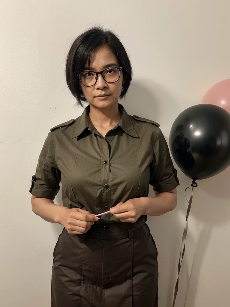 photograph (An adult female Thai teacher wearing full khaki Thai teacher uniform, short black hair, wearing glasses, 60 years old, with a pen in hand) with balloons. She had her back against the wall, her face looking straight, with the name "Happy Birthday Surangkhanang 12 july 67" written on the white wall behind her in a cool font. and a large dark pink cake