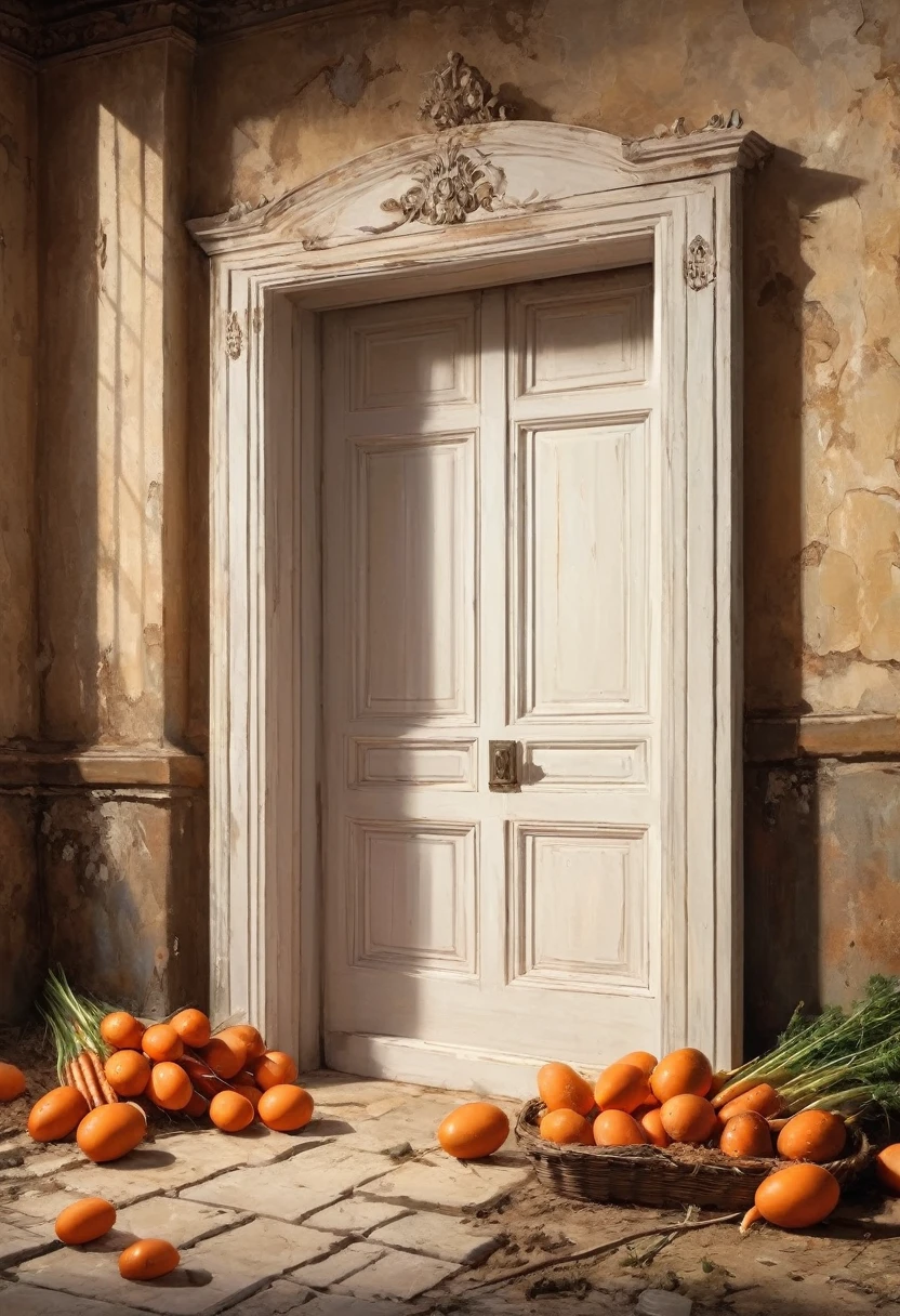 (best quality, super fine, 16k, incredibly absurdres, extremely detailed, 2.5D, delicate and dynamic, three-dimensional effect expressed by light and shade, highres, 8k, masterpiece, immersive atmosphere, film grain) (Frontal image of a undetailed white door, white door, undetailed door, no details in the center: 1.5) (Frame around the door, paintings in the wall around, details around, detailed wall, detailed environment, fine detail, optial illusion, complex, hand draw, 3D painting, reality, fantasy art, enhance, intricate, sharp, best quality, masterpiece, Representative work, official art, Professional, 8k, based on the following poem: Vis'Isabela realizes it to the goal because without waiting she elaborates although this land, this ball, gets entangled. Like my chest that I once loved Battistela who kneaded bread and cakes with sticks and stones and put a candle on top we blew the remnants of the years, the kisses. But I kissed that mouth with a mouth that no longer speaks. That no longer writes letters to Stela! That canvas for painting elsewhere, in rural resting places. Dedicated to Easter animals, personal sweets, carrots and burrows, and an egg that does not lay for the charque, whole traditional attire. Soaked. Nightgown, pants. Etc. and shovel and ball. Buried in the mud to the screams in the humid memory! And Isabela calmly meditates dictating me certain verses bending herself inside out in yoga and the cat imitates. He meows and she is mine, sweet gestures.)