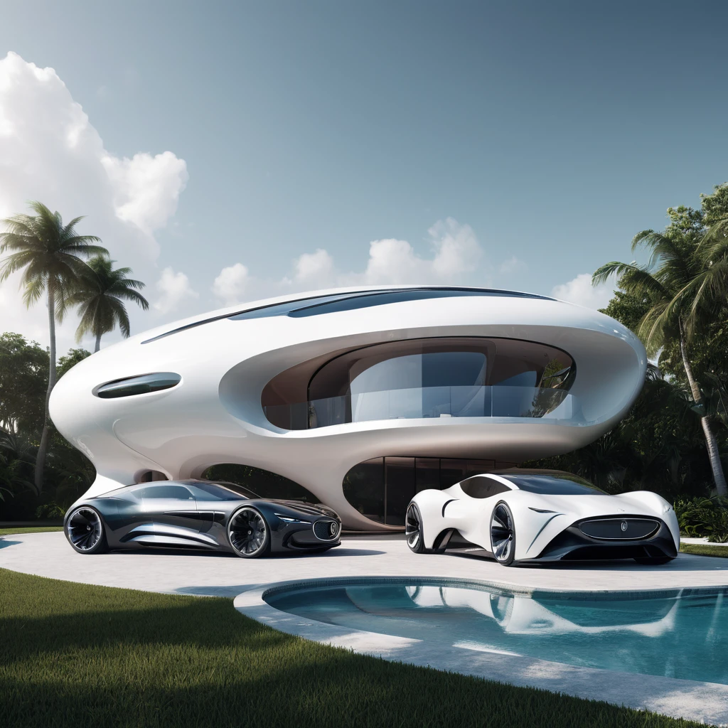 a futuristic house with a car parked in front of it, cgsocietywlop, beautiful curves, intricate devilish designs, qualia, interesting shapes & form, wow factor, elaborate polished, architectural rendering, miami, futuristic battlefield, inspired by James E. Brewton, precise architectural rendering