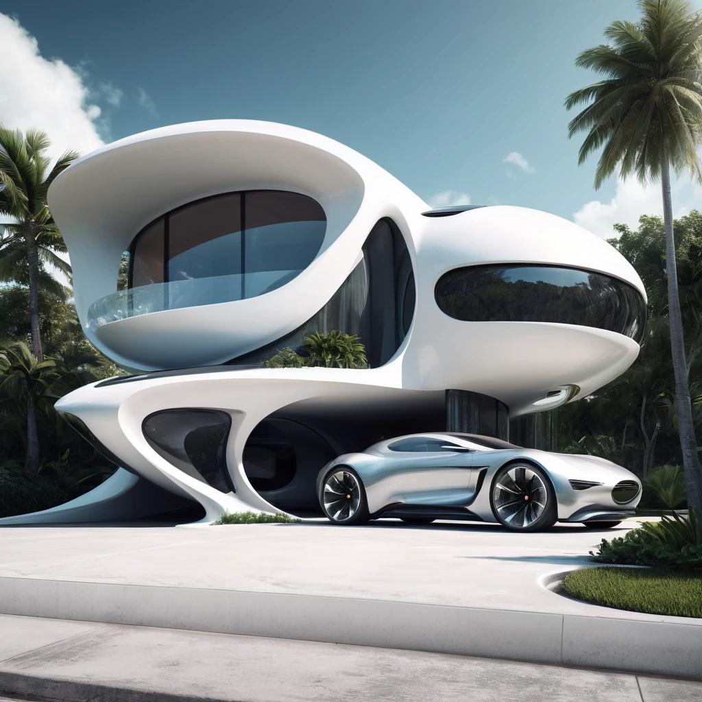 a futuristic house with a car parked in front of it, cgsocietywlop, beautiful curves, intricate devilish designs, qualia, interesting shapes & form, wow factor, elaborate polished, architectural rendering, miami, futuristic battlefield, inspired by James E. Brewton, precise architectural rendering