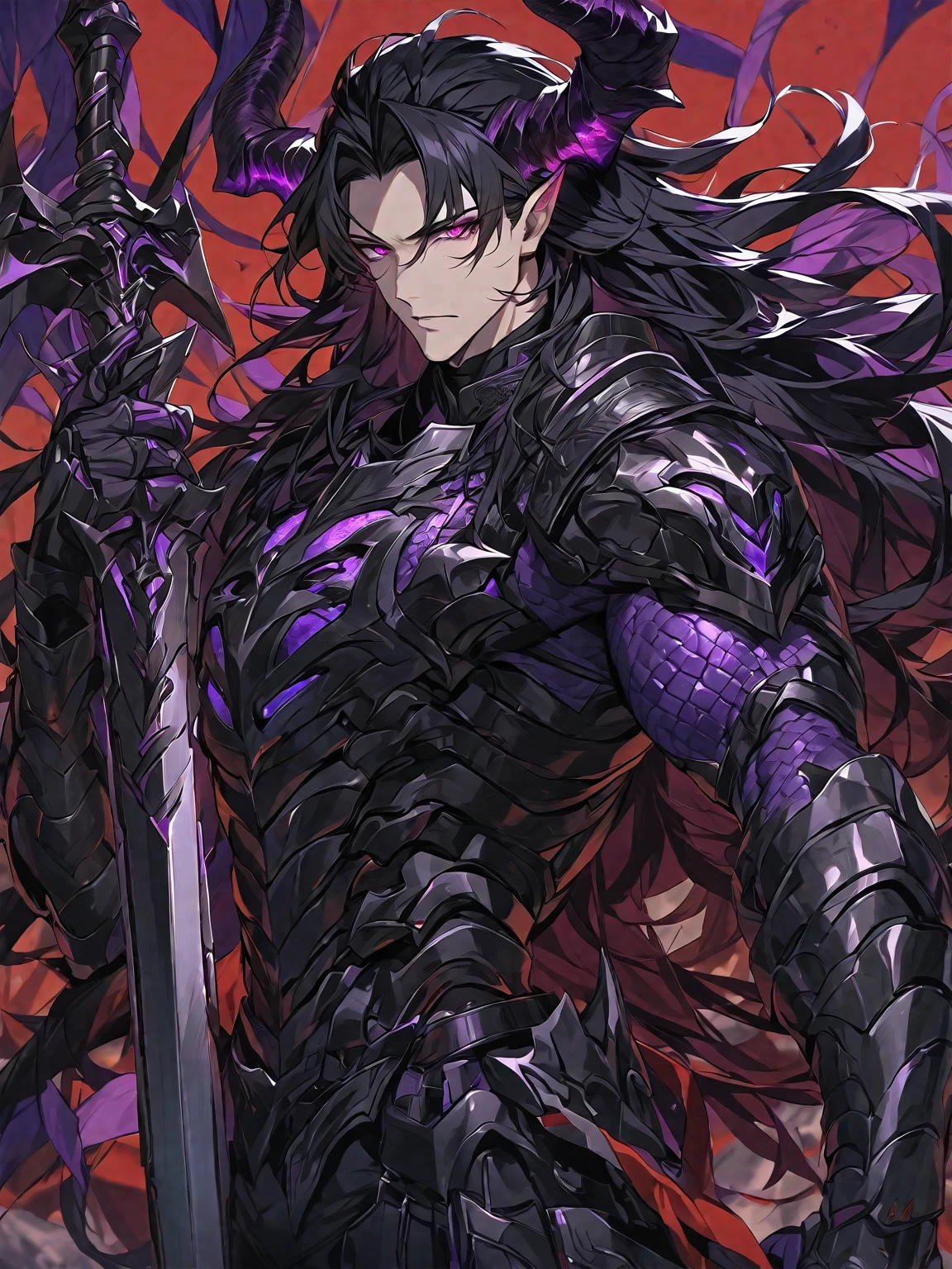 One, handsome, 1 man, with a sporty body, V-shaped body, black detailed armor with glowing purple details, black demonic horns, long hair, black hair, purple with red tones of reptile eyes, purple threads, a man has a big and long sword in his hand, Against the background of war