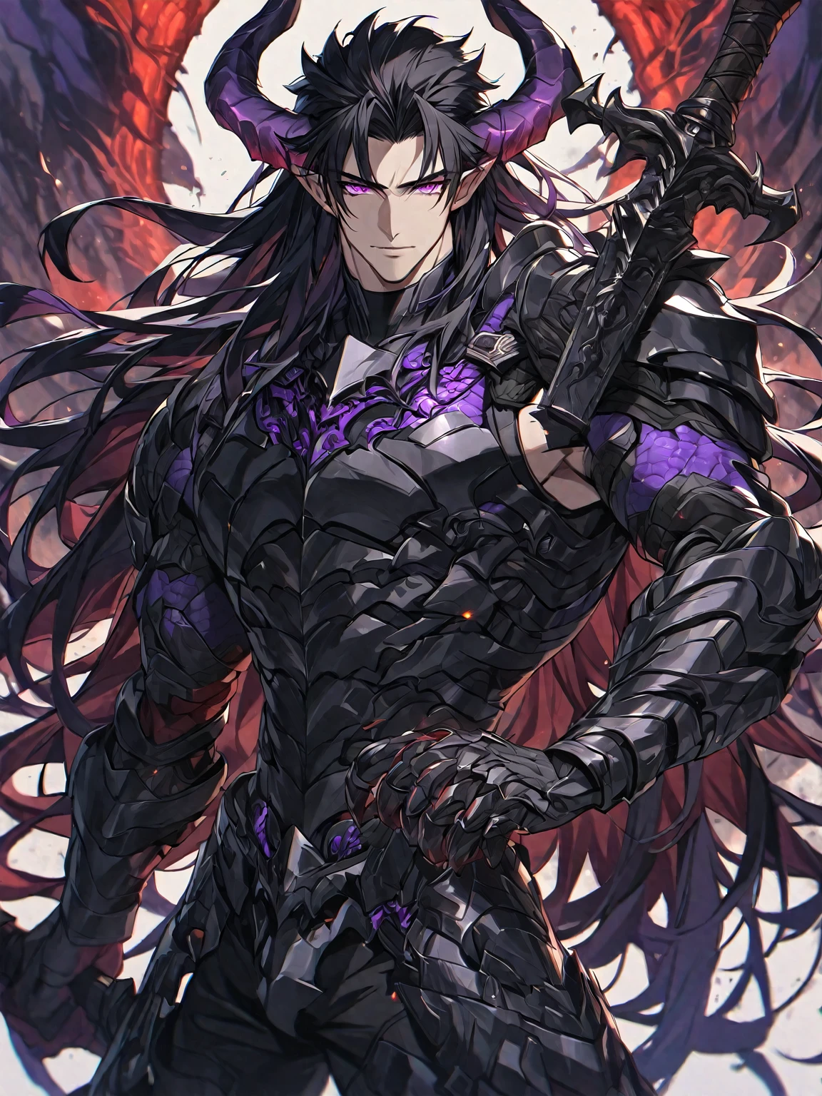 One, handsome, 1 man, with a sporty body, V-shaped body, black detailed armor with glowing purple details, black demonic horns, long hair, black hair, purple with red tones of reptile eyes, purple threads, black light