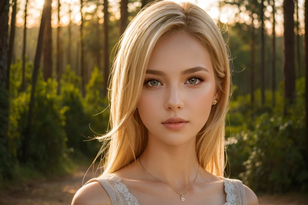 Close-up portrait, Sexy SS Blonde, parted lips, lips, Casual Dresses, View your audience, Forest Background, Sunset Light, Realistic、Large Breasts、Cleavage