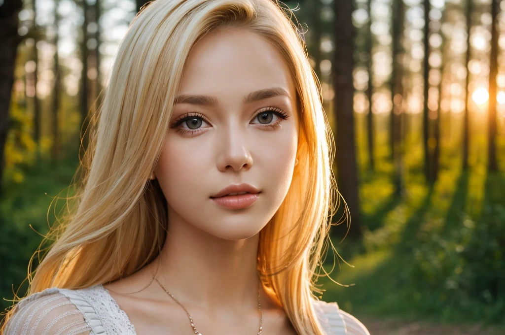 Close-up portrait, Sexy SS Blonde, parted lips, lips, Casual Dresses, View your viewers, Forest Background, Sunset Light, Realistic