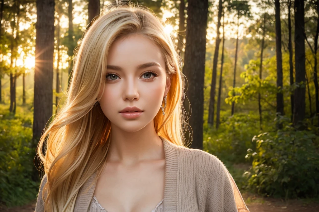 Close-up portrait, Sexy SS Blonde, parted lips, lips, Casual Dresses, View your viewers, Forest Background, Sunset Light, Realistic