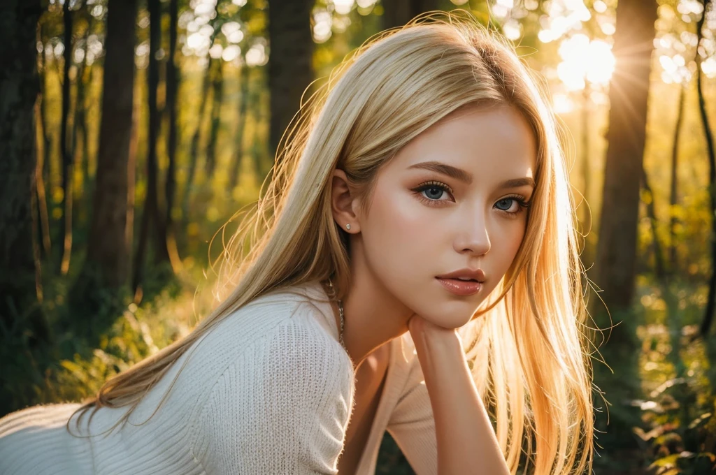 Close-up portrait, Sexy SS Blonde, parted lips, lips, Casual Dresses, View your viewers, Forest Background, Sunset Light, Realistic