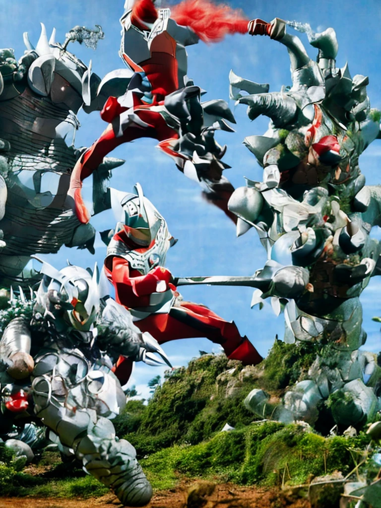 photo realistic,4k,8k,35mm films,Distant view, Ultraman Taro killed by Tyrant, a giant hero battling Tyrant the monster, emerges from the forest at the foot of Mt. Fuji to fight, high kicks, punches, being bitten and bleeding, dirty silver helmet, broken horns, one eye glowing red and bleeding, a large thorn piercing his stomach, long thin limbs, his red rubber bodysuit is torn revealing flesh-colored skin, a thin waist, a round butt, being punched by the Tyrant, collapsing, being knocked down