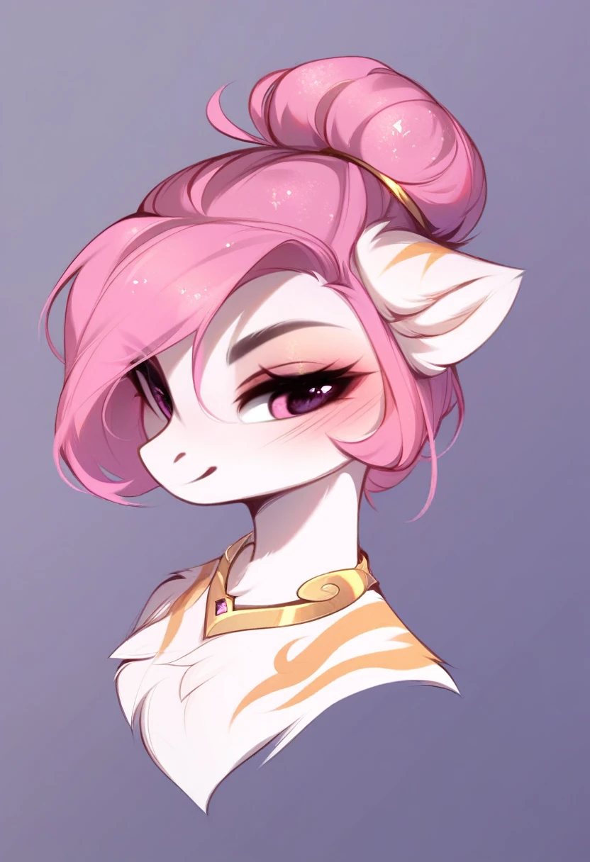 check_9, check_8_up, check_7_up, source_fluffy, rating_safe, from Magnaluna, Celestia poses seductively in a white bedroom, dark pink mane with gold stripes in it, hair bun with bangs, pink eyes, white body, anthro, blushing, wearing goldern lingerie
