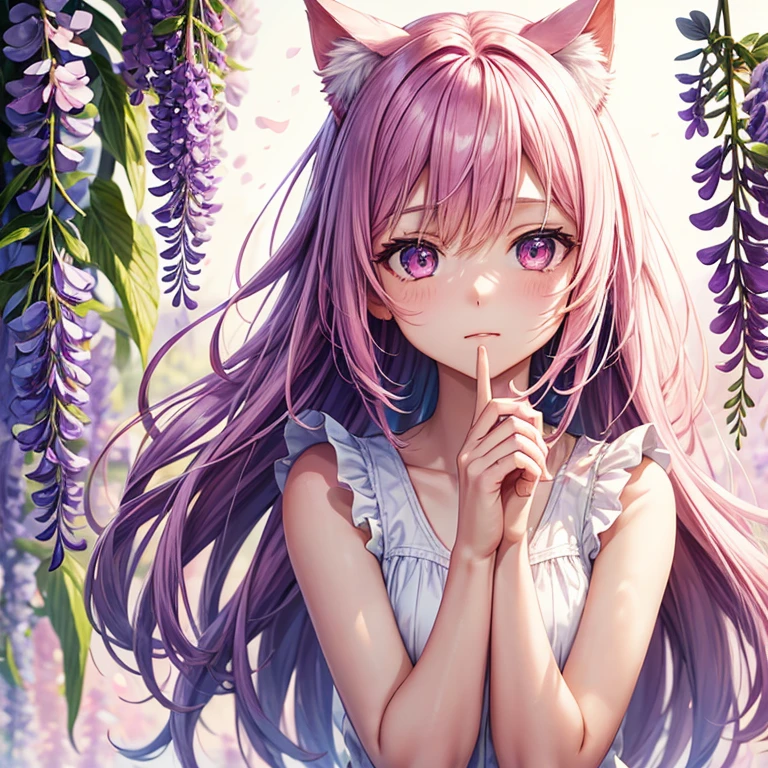 1 Girl, Solitary, Cute girl with pink hair, Pink Eyes, Wisteria flowers background, Soft natural light, Cat ears, Sleeveless white shirt