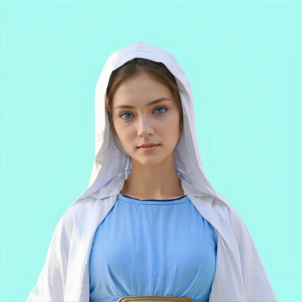 Beautiful woman with light blue eyes wearing blue tunic and white cloak