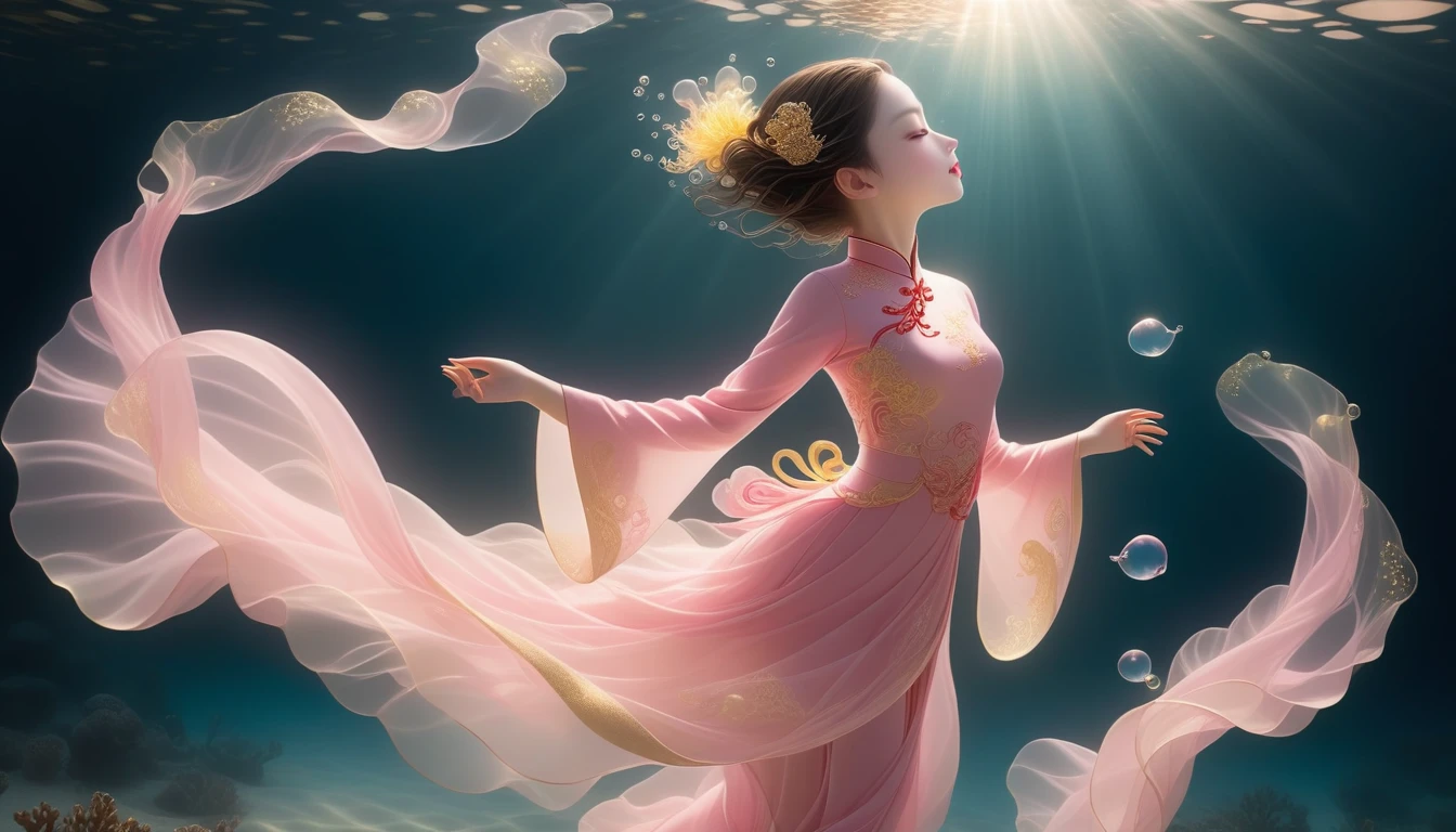 1. Little Girl, Solitary, Under the Deep Sea, walking underwater;Wearing pink Chinese clothing,Fairy the same,underwater dance;dancer;Golden water,金色的bubble; Deep Shadows, Extraordinary details, bubble, spark, Sun streaks, seabed, bright, whole body, swirl, Golden Light, Embed:Average runoff, masterpiece, high quality, 4K