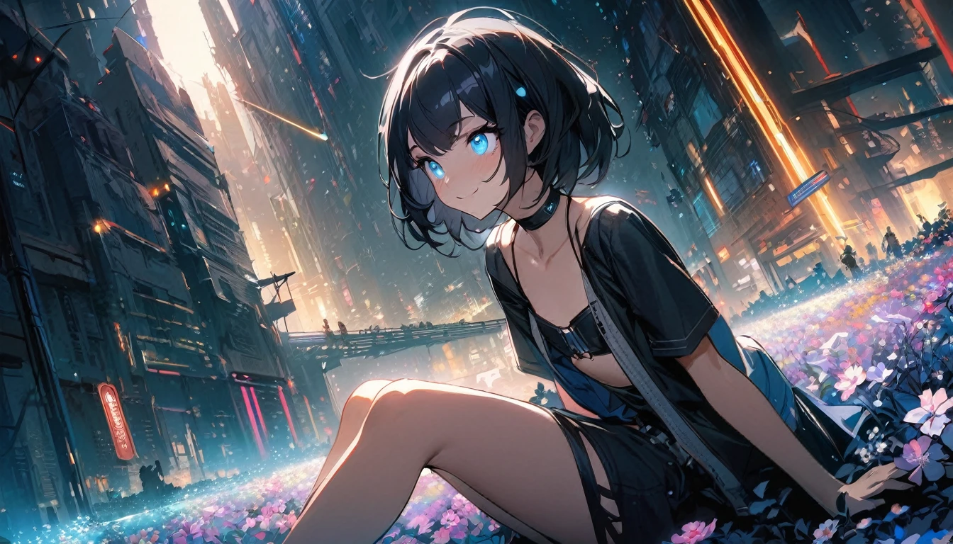 1 girl, solo, blue eyes, (detailed eyes), gentle smile, flat chest, short hair, black hair, full body, ((masterpiece, illustration, best quality))She sits in a field full of flowers on the plateau and look up at the night sky、Talvez por estar frio, his breath feels pale white.、The source of light is a star in the night sky々Apenas luz、She is seen turning her face to him、Make a mostly picture of the night sky from a short distance behind the two of them and a dystopic, post-apocalyptic city、A shooting star has now flowed into the night sky、The area is dark、In the darknesaster part、realisitic, cyberpunk girls, neon elements