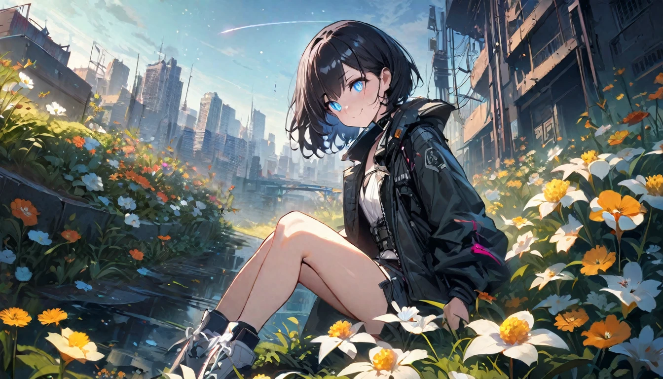 1 girl, solo, blue eyes, (detailed eyes), gentle smile, flat chest, short hair, black hair, full body, ((masterpiece, illustration, best quality))She sits in a field full of flowers on the plateau and look up at the night sky、Talvez por estar frio, his breath feels pale white.、The source of light is a star in the night sky々Apenas luz、She is seen turning her face to him、Make a mostly picture of the night sky from a short distance behind the two of them and a dystopic, post-apocalyptic city、A shooting star has now flowed into the night sky、The area is dark、In the darknesaster part、realisitic, cyberpunk girls, neon elements