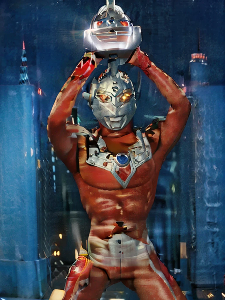 Put arms together and emit rays,40m tall Giant superhero Ultraman Taro,standing on Tokyo Japan in the dark,The same size as the building,tall and slim, portrait, fighting pose, photo high quality, realistic photo, night scene,silver helmet, glass hemisphere on chest glows, yellow eyes, forehead lamp glows,martial arts pose, slim body,long limbs,4K