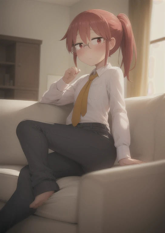 (masterpiece, best quality:1.2), extremely detailed, soft ambient lighting, sharp focus, 4K, BREAK kobayashi \(maidragon\), 1girl, solo, ponytail, glasses, sanpaku, red eyes, white shirt, red hair, collared shirt, pants, yellow tie, flat chest, BREAK indoors, living room, lying on couch, drowsy, looking at viewer, blush,