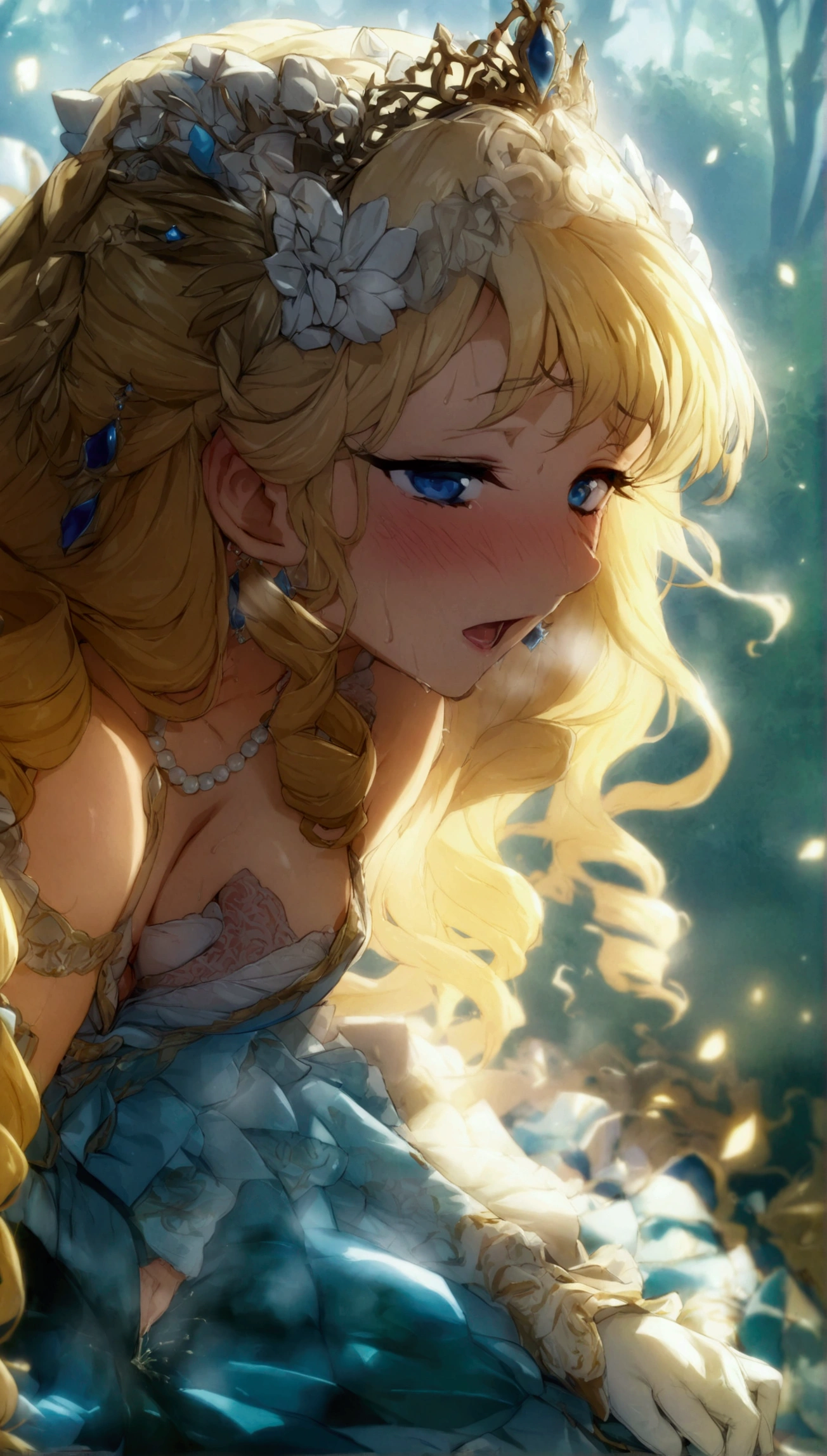 anime. 1 Girl. Cute girl. Princess. Disabled person. Blonde. Long hair. Wavy hair. Blue eyes. Beautiful eyes. Beautiful eyes. Expressive eyes. Ideal face. beautiful nose. 16 years. Medium breasts. Beautiful breasts. Urinary incontinence. Wants to pee. I need to pee. A strong, desperate urge to pee. Hands on crotch. He squeezes his crotch tightly. Rubs the crotch. She peed herself. Urine
flows down your thighs. Ideal anatomical body. Beautiful long legs. Diadem. Neat earrings. Pearl necklace. Luxurious white dress. Victorian style dress. White gloves. Heeled shoes. Wheelchair. Sits in a wheelchair. Full height.
The Royal Castle. Royal Garden. Beautiful character design. Shiny skin. Full body. NSFW. Official art. Extremely detailed CG Unity 8k wallpaper. Ideal lighting. Ultra high resolution 4K. Super detailed 8K resolution. A high resolution. Masterpiece. Best quality.