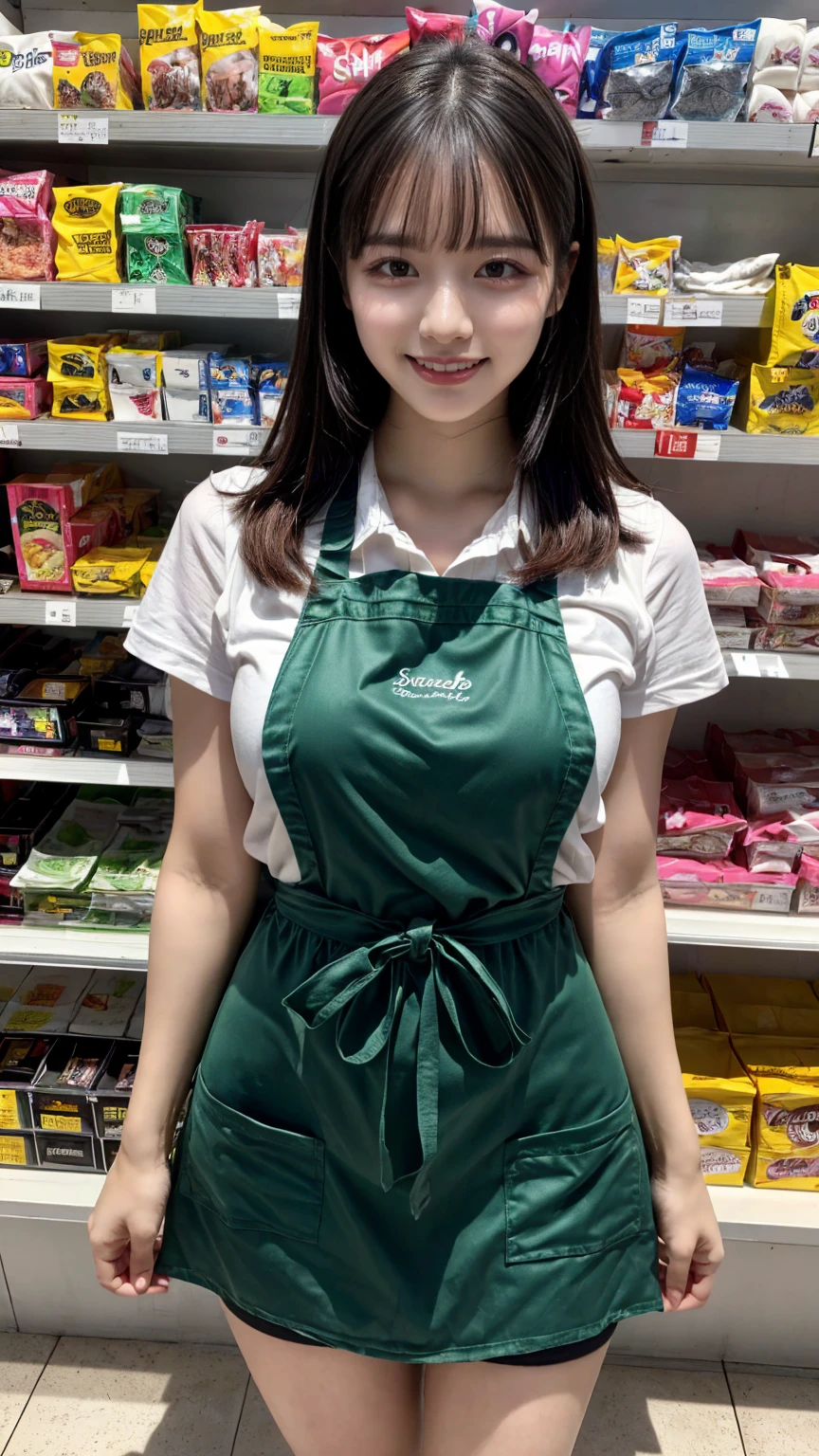 (highest quality、table top、8K、best image quality、Award-winning work)、a woman working at a convenience store、(The most natural and perfect green plain simple apron:1.2)、classy shirt、(big breasts:1.1)、Colossal tits, (emphasize body line:1.1)、(standing elegantly:1.1)、beautiful woman portrait、The most natural and perfectly organized convenience store、Convenience store shelves in the background、Perfectly organized shelves、Regularly arranged natural product shelves、(very bright and vivid:1.2)、Strongly blurred background、look at me and smile、(accurate anatomy:1.1)、Super high resolution perfect beautiful teeth、Ultra high definition beauty face、ultra high definition hair、Super high-definition sparkling eyes、(Shining beautiful skin with ultra-high resolution:1.3)、(Shining beautiful skin:1.2)、Super high resolution glossy lips