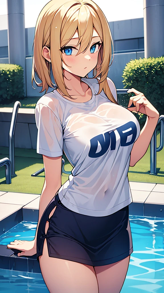 Create a photo realistic young woman with blonde hair (length until her shoulders), blue eyes and large . She wears a white t-shirt, round neck, long fit and short sleeves, without a bra, and she also wears a uni color black cotton mini skirt. She climbs out a swimming pool, dripping wet. The t-shirt clings to her body and is a little transparent. Full body, wide angle shot, big breast.