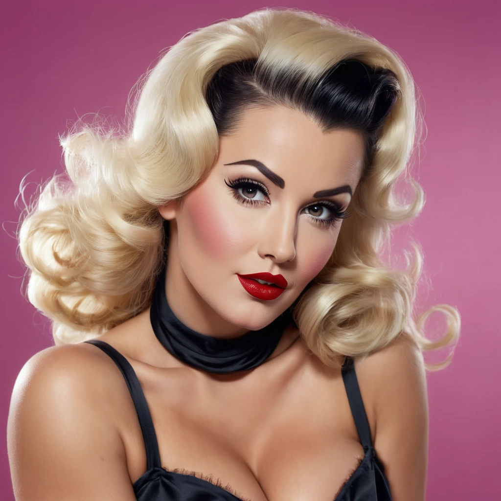 bearded lady brune beard, blonde hair, hairy chest, style pin up