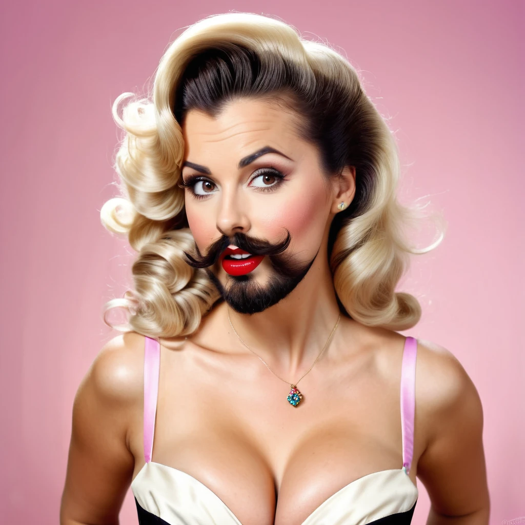 bearded lady brune beard, blonde hair, hairy chest, style pin up