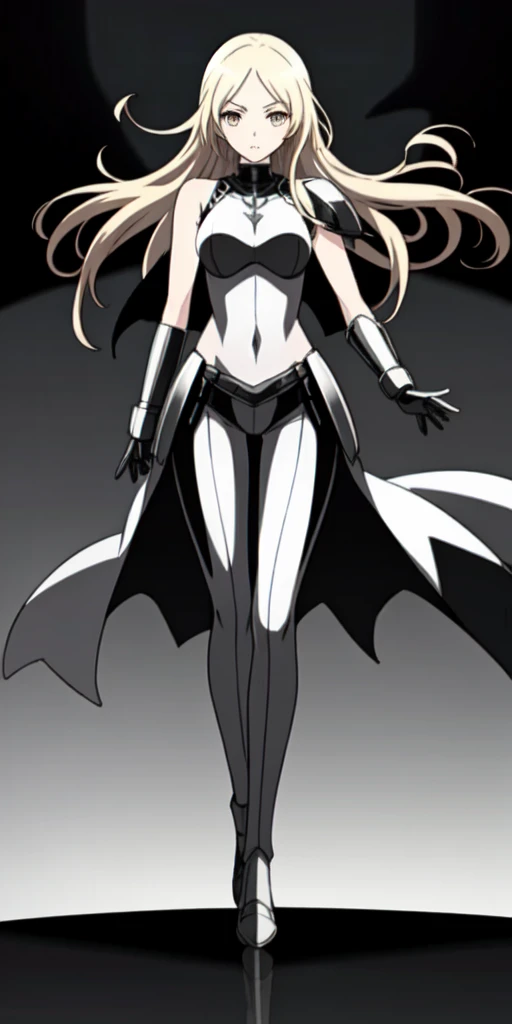1girl, Wear armor, Sharp focus, offcial art, tall, athletic, silver hair, striking golden eyes, wears the standard Claymore uniform, a white sleeveless top, black pants, dark cloak, ((dajianTeresa)), full body
