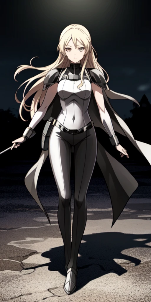 1girl, Wear armor, Sharp focus, offcial art, tall, athletic, silver hair, striking golden eyes, wears the standard Claymore uniform, a white sleeveless top, black pants, dark cloak, ((dajianTeresa)), full body