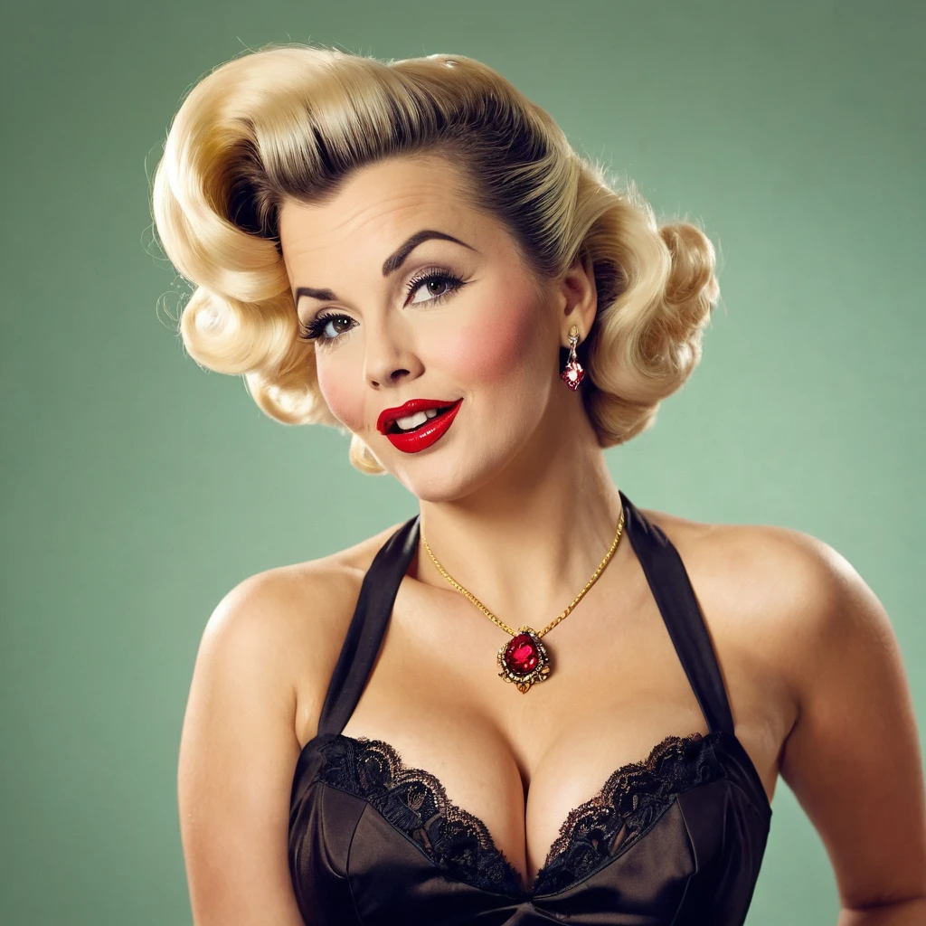 bearded lady brune beard, blonde hair, hairy chest, style pin up