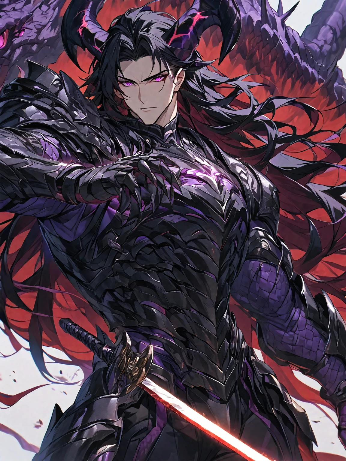 One, handsome, 1 man, with a sporty body, V-shaped body, black detailed armor with glowing purple details, black demonic horns, long hair, black hair, purple with red tones of reptile eyes, purple threads, a man has a big and long sword in his hand, Against the background of war