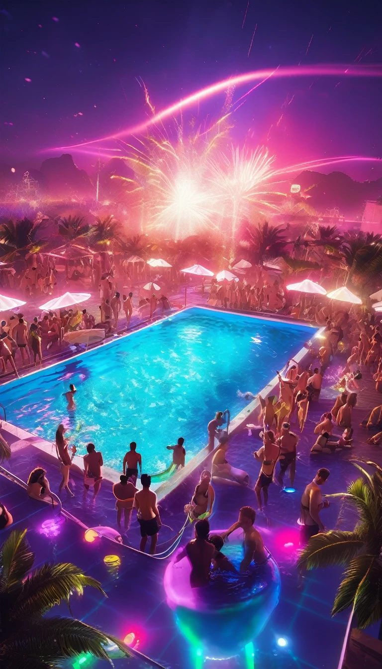 Pool party, techno music, laser shows, drinks, many people in big pool