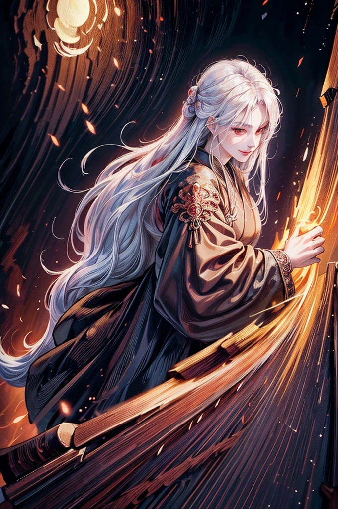 A samurai warrior with long white hair, woman,red demon eyes, smiling, original anime style, full body shot, detailed face, extremely detailed and intricate design, digital painting, hyper detailed, masterpiece, 8k, photorealistic, highly detailed, cinematic lighting, dramatic shadows, vibrant colors, dynamic pose, powerful presence